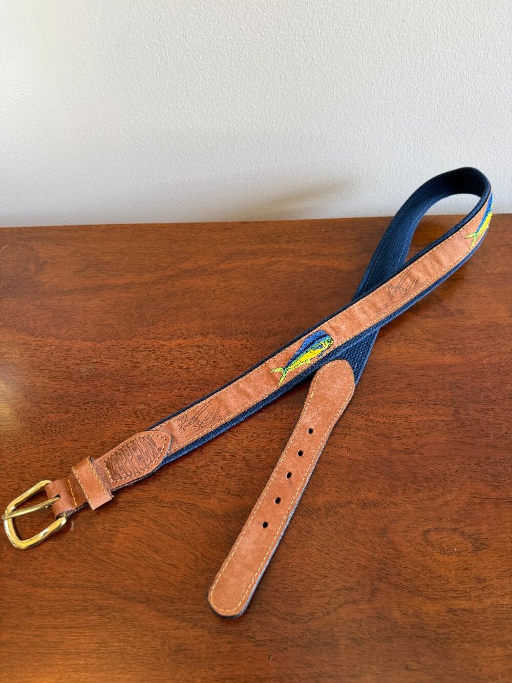 Zep-Pro Mahi Mahi Embroidered Ribbon Belt Navy Leather Trim Size 34